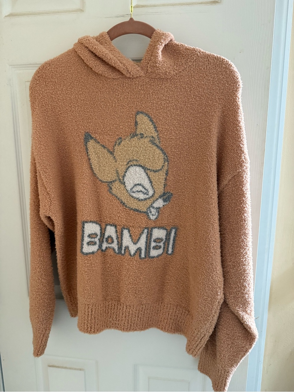 Disney Bambi Plush Hoodie Sweater - Camel/Tan with Cream & Gray Graphic